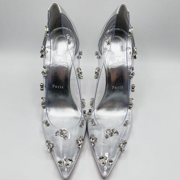 NEW Christian Louboutin Clear PVC Degraqueen Silver Metallic Leather 100 mm Heel - Picture 1 of 11